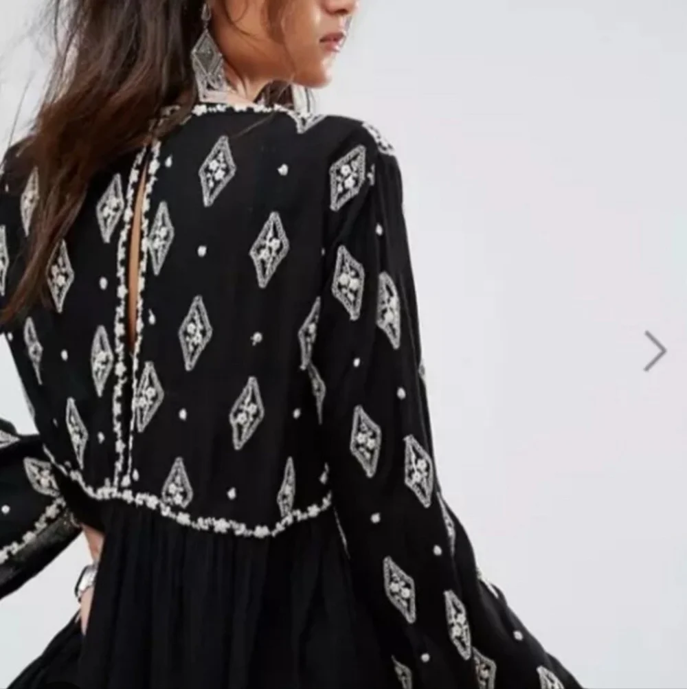 Free People Diamond Embroidered Bell Sleeve Tunic Mini Dress Swing Keyhole
